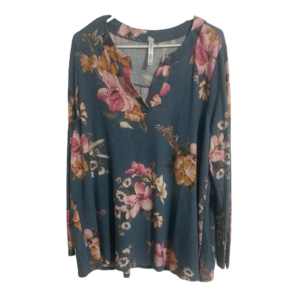 Women’s Dear Scarlett Blue Floral V-Neck Top – Size 2XL